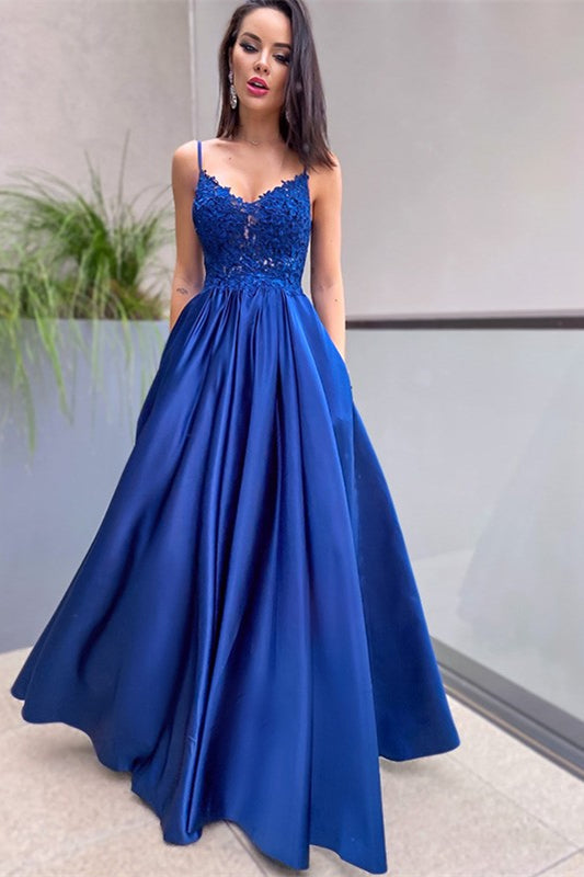 Regal Blue Spaghetti Straps Lace Applique Prom Dress with Elegant Pockets - VelvetHem