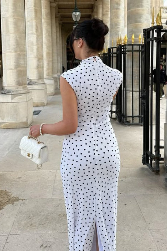 Elegant Polka Dot Round Neck Maxi Dress - View 4 | VelvetHem