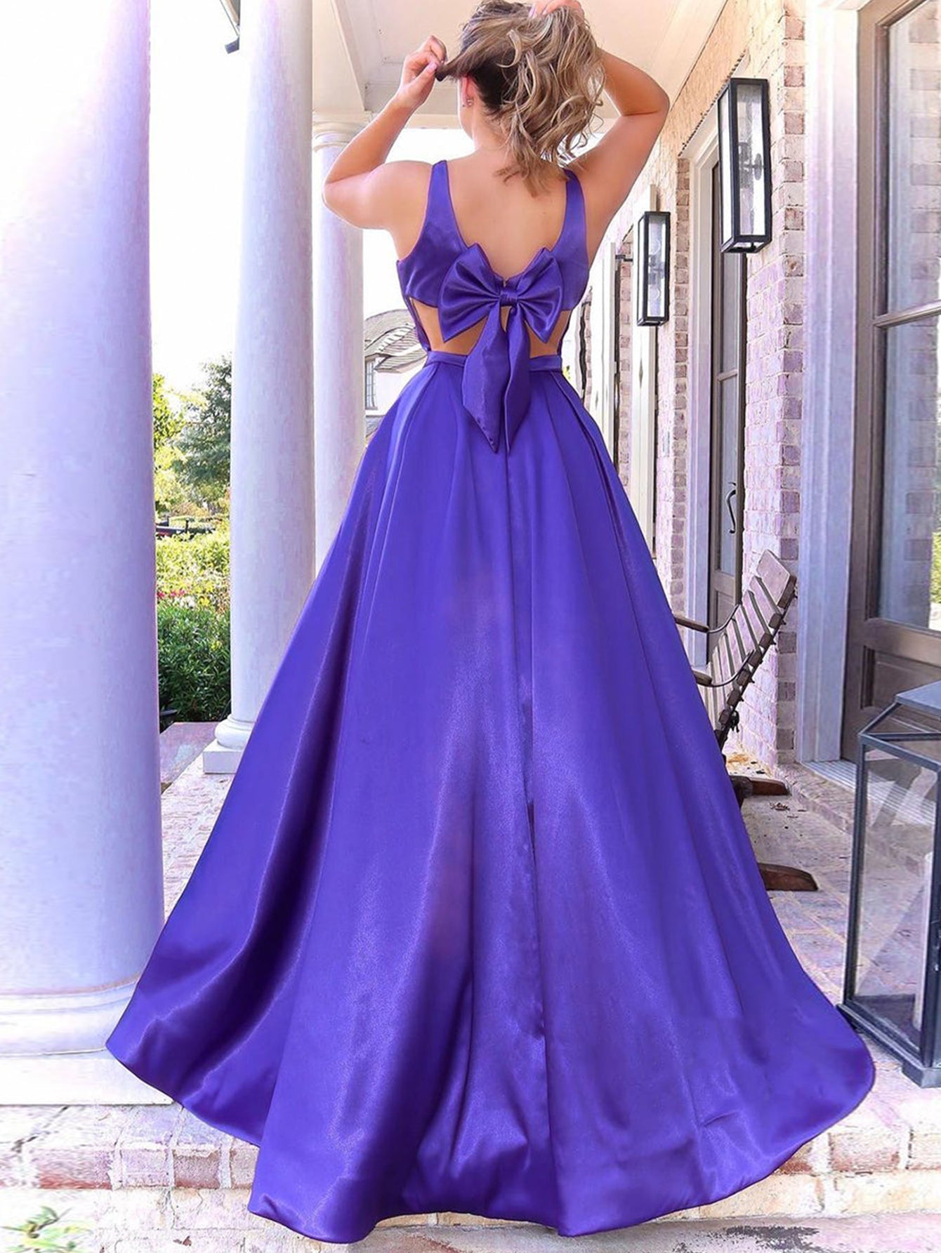 A Line V Neck Long Purple Prom Dress - Fashionpara