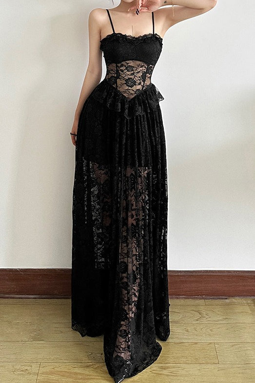 Sleeveless Ruffled Waist Maxi Lace Dress - VelvetHem