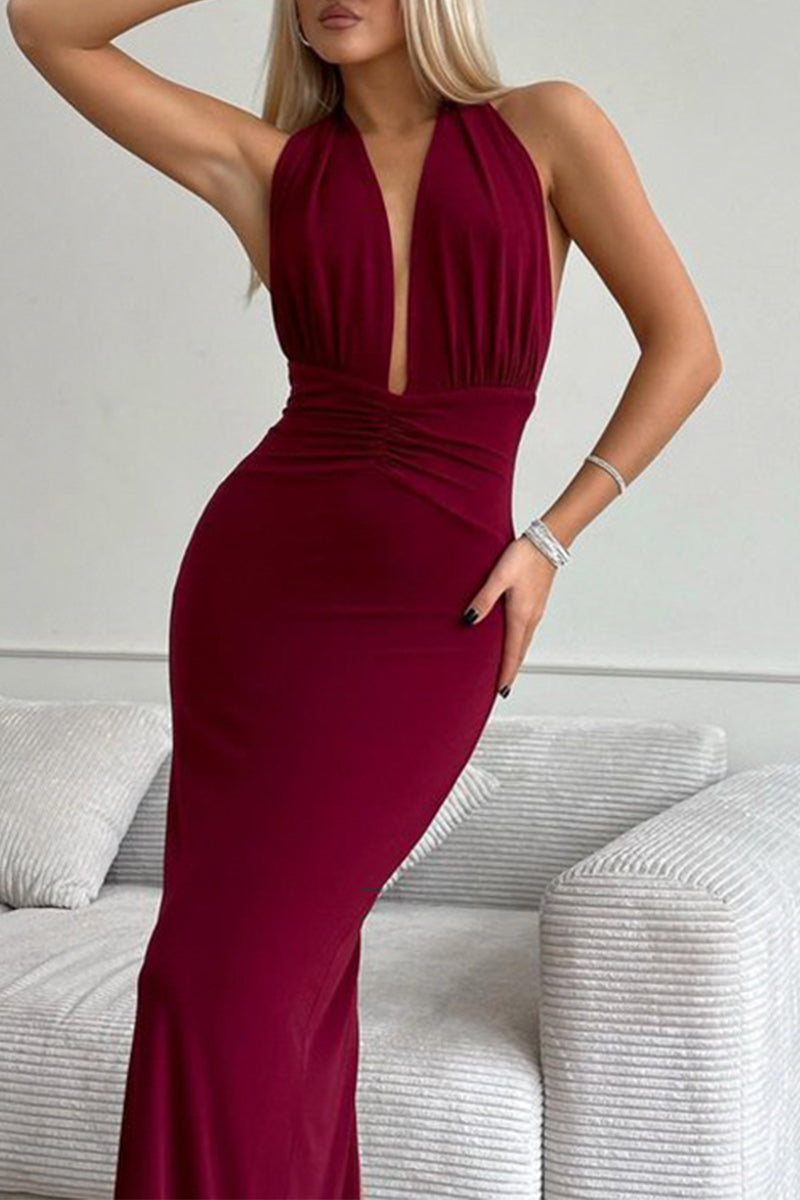 Sexy Solid Color Backless Ruched Halter Evening Dresses - View 3 | VelvetHem