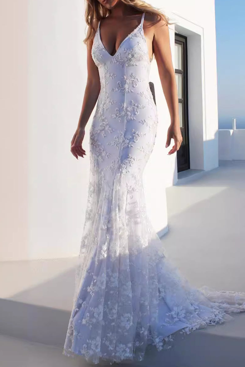 Sexy Solid Color Lace Backless Patchwork V Neck Evening Dresses(3 Colors) - VelvetHem