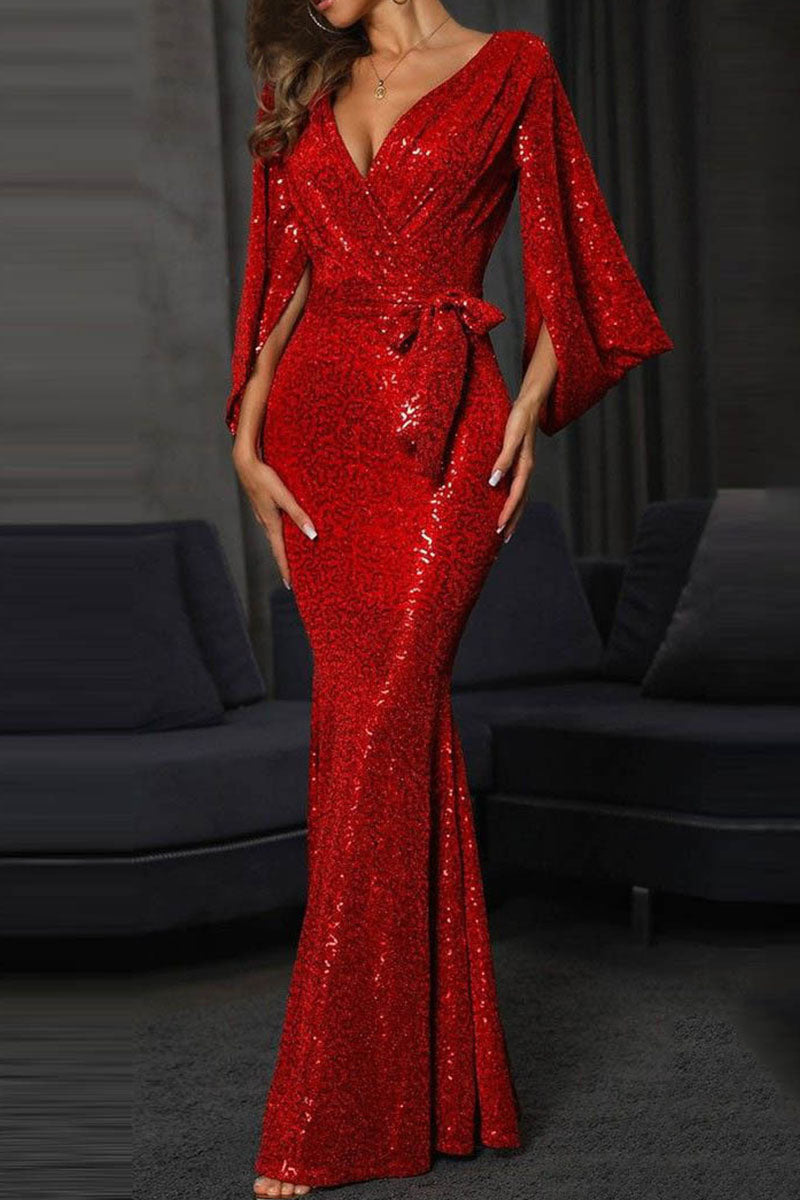 Elegant Solid Bandage Sequins Patchwork V Neck Evening Dress Dresses - View 2 | VelvetHem