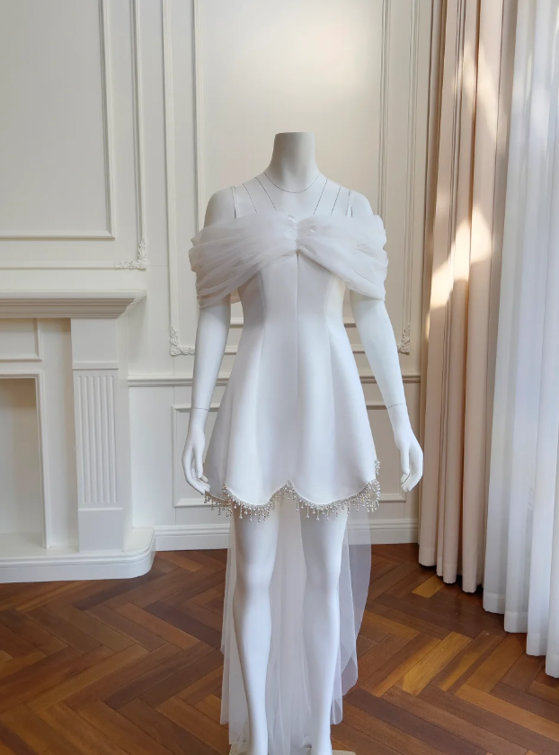 Dream Off-the-Shoulder White Satin Tulle Homecoming Dress Mini Party Dress - FashionDia