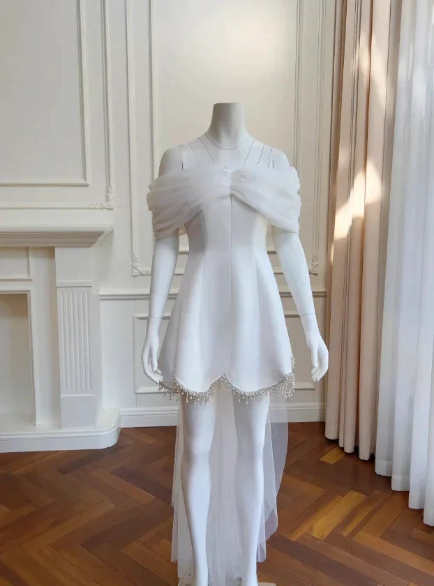 Dream Off The Shoulder White Satin Tulle Homecoming Dress,Mini Party Dress Y8585 by simplepromdress