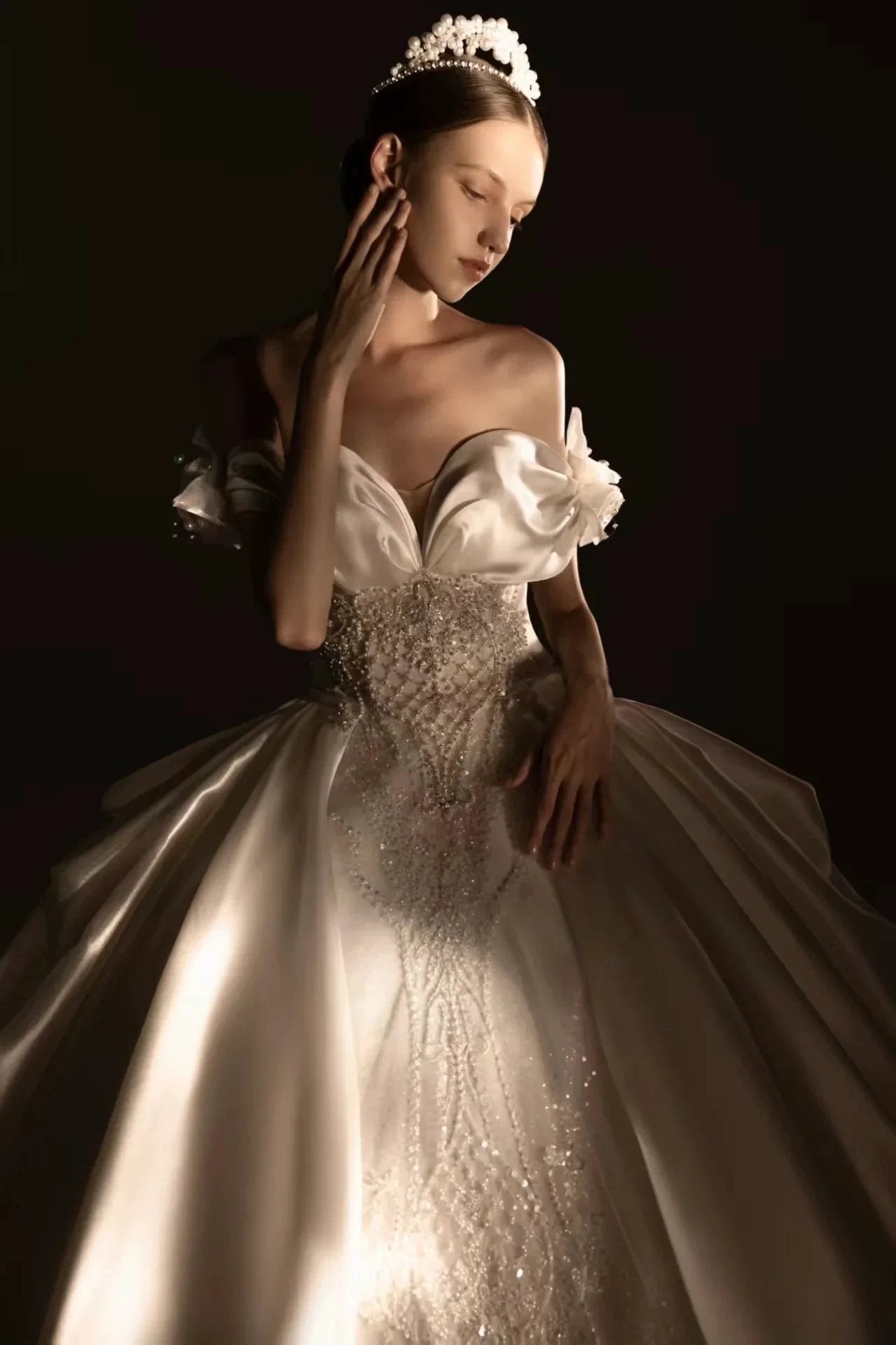 Opulent Ball Gown Off-the-Shoulder Satin Wedding Dress with Sequin Embroidery & Dramatic Train (ZD16915)