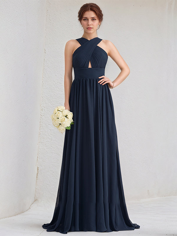 Dark Navy A-Line V-Neck Floor Length Chiffon Bridesmaid Dress With Ruffle