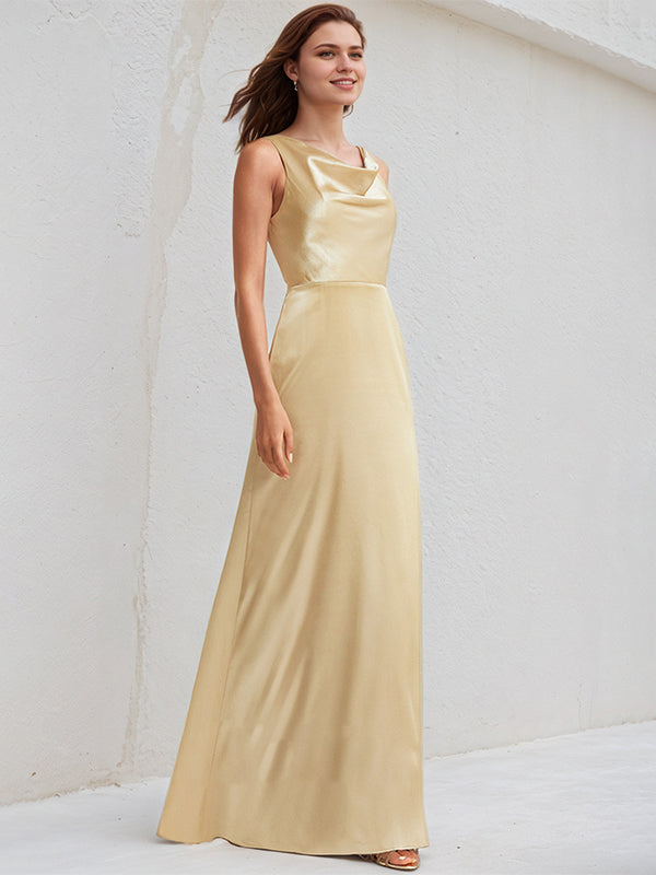 Champagne Satin A Line V Neck Sleeveless Floor Length Pleated Bridesmaid Dress