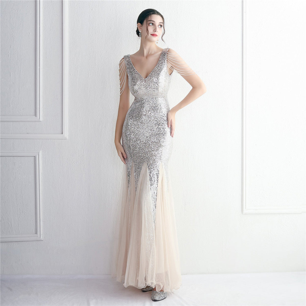 Sequin Mesh Craft Beaded Party Dress: Elegant Long Cocktail Slim Fit Evening Dress - View 6 | VelvetHem