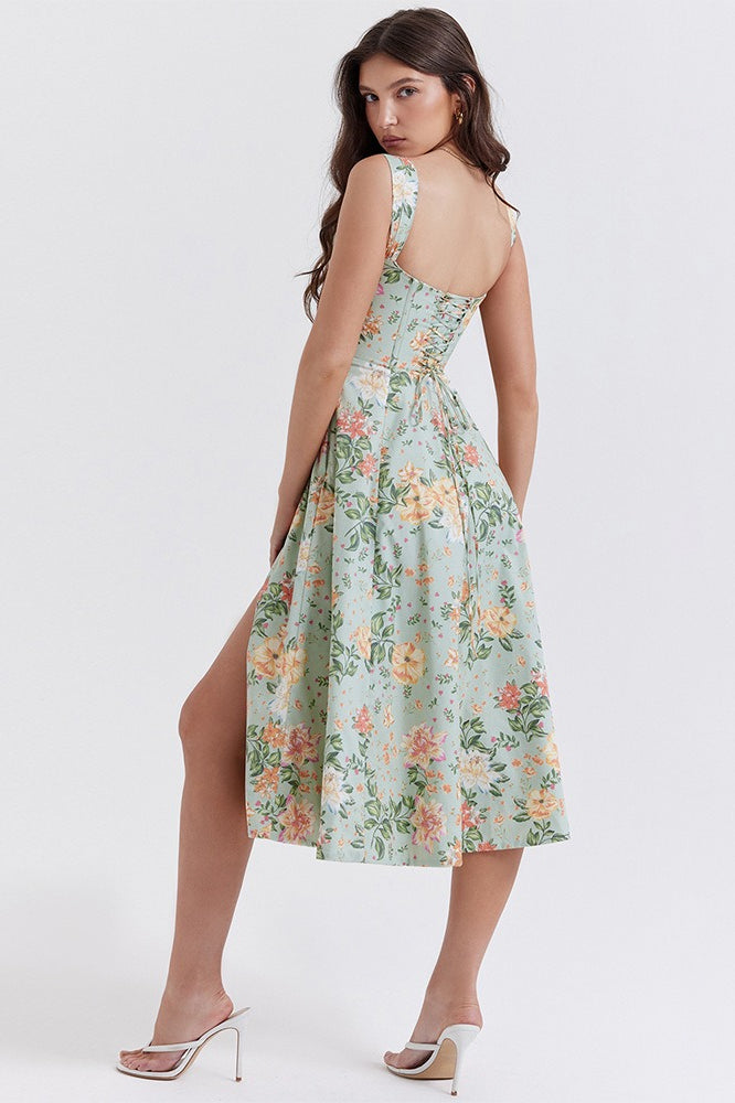 Floral Boned Spaghetti Strap Party Dress - View 10 | VelvetHem