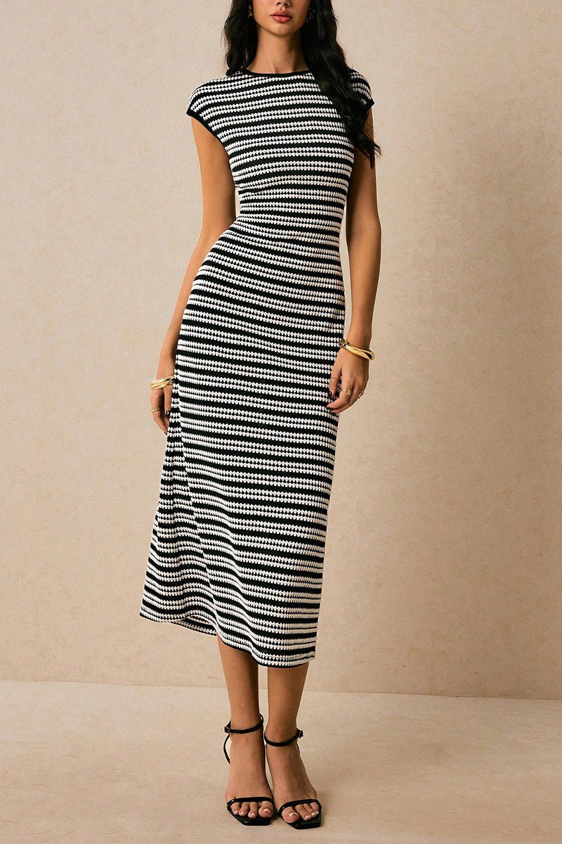 Striped Knit Bodycon Work Dress - View 2 | VelvetHem