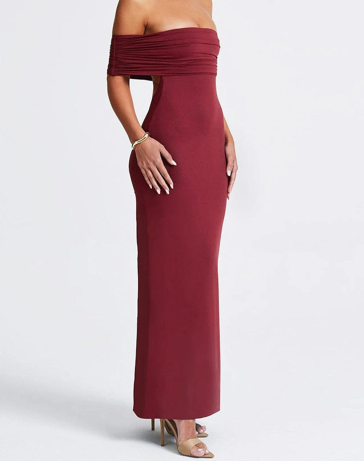 Slash Neck Backless Ruched Maxi Dress - View 3 | VelvetHem