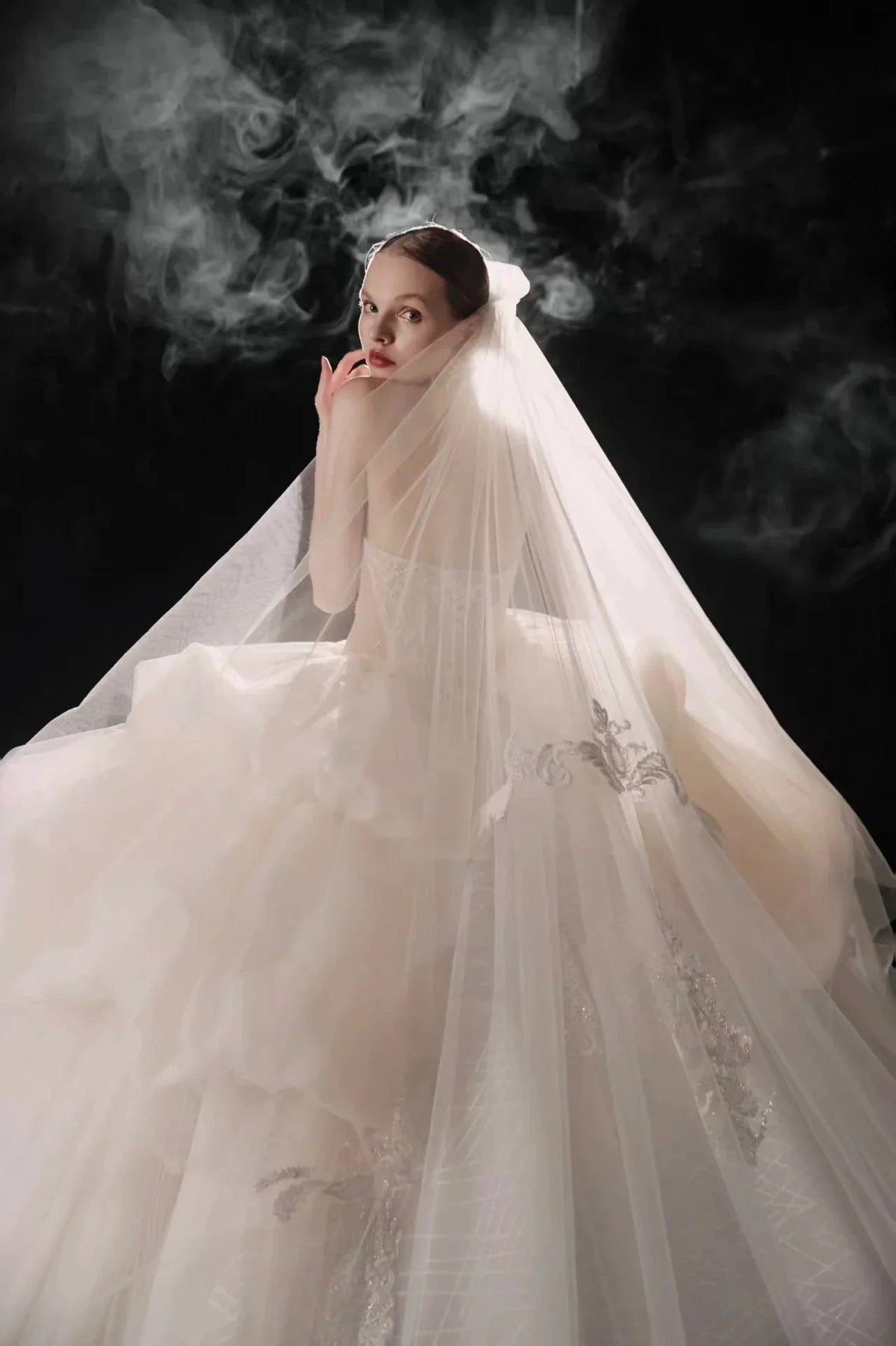 Opulent High-Neck Ball Gown Beaded Mesh Capelet Ruffled Skirt Wedding Dress with Sparkling Train (ZD16907)