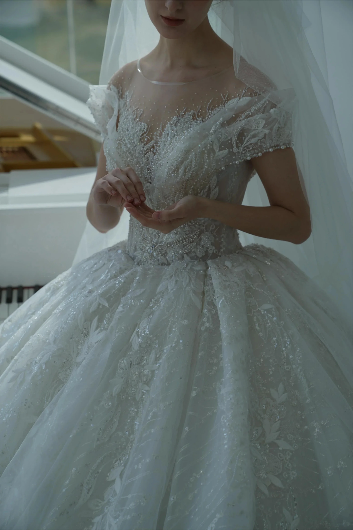Ethereal Ball Gown Off-the-Shoulder Illusion Lace Wedding Dress with Beaded Embroidery & Cathedral Train M-002 (ZD16919)
