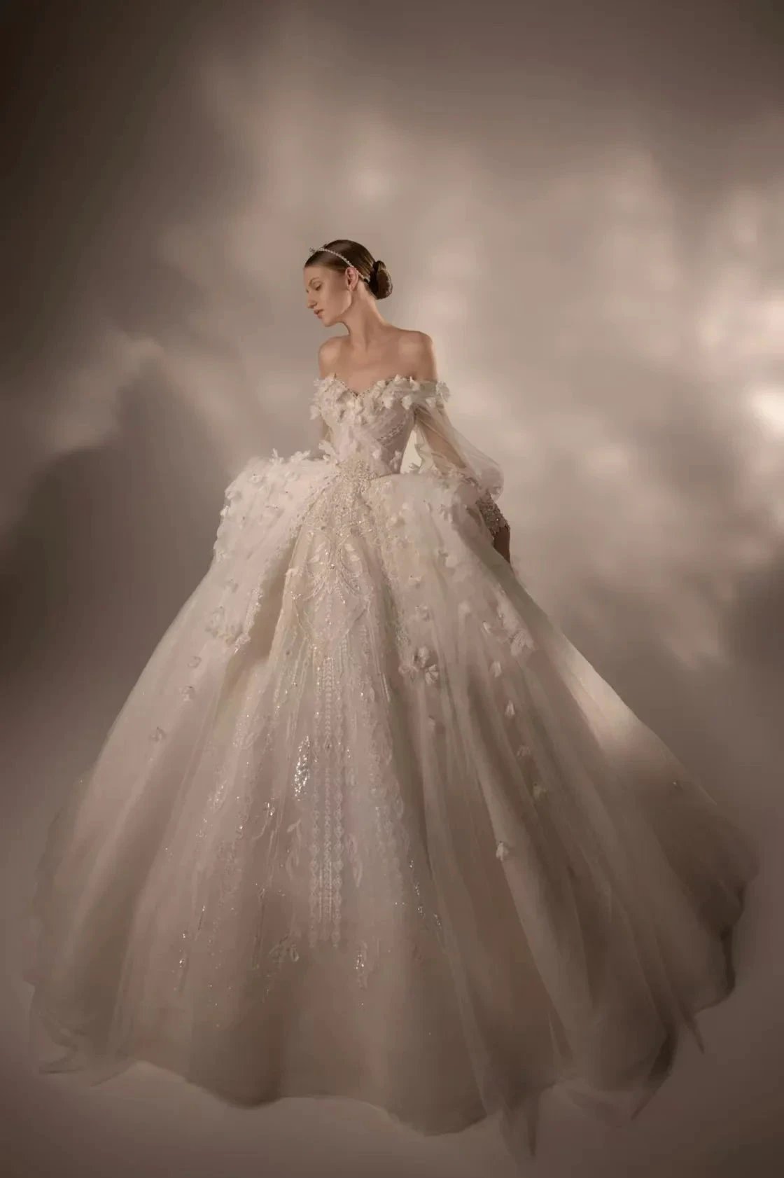 Gorgeous Long Ball Gown Off-the-Shoulder Tulle Wedding Dress with 3D Floral & Crystal Embroidery & Cathedral Train (ZD16910)