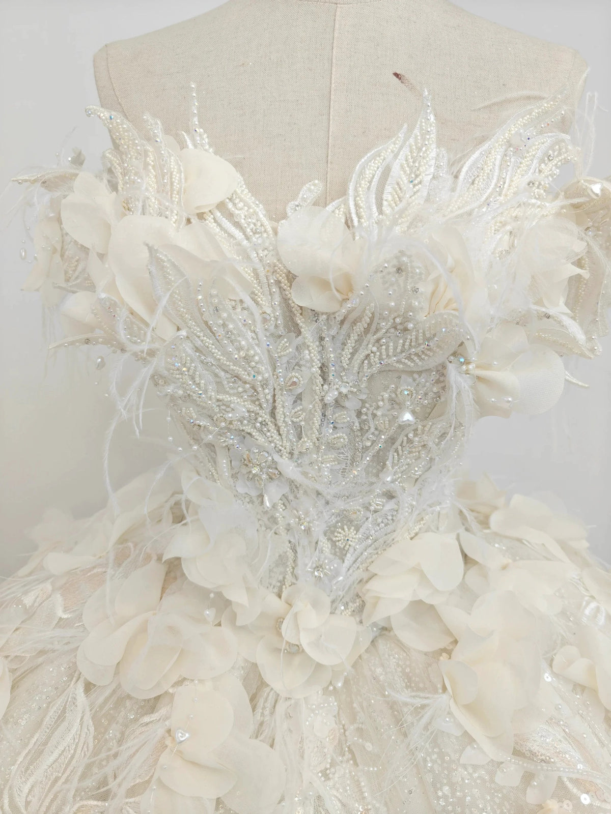 Ethereal Off-the-Shoulder Ball Gown Wedding Dress with 3D Floral Appliqués, Pearl Beading & Glitter Tulle Ye-2038 by ZAPDRESS