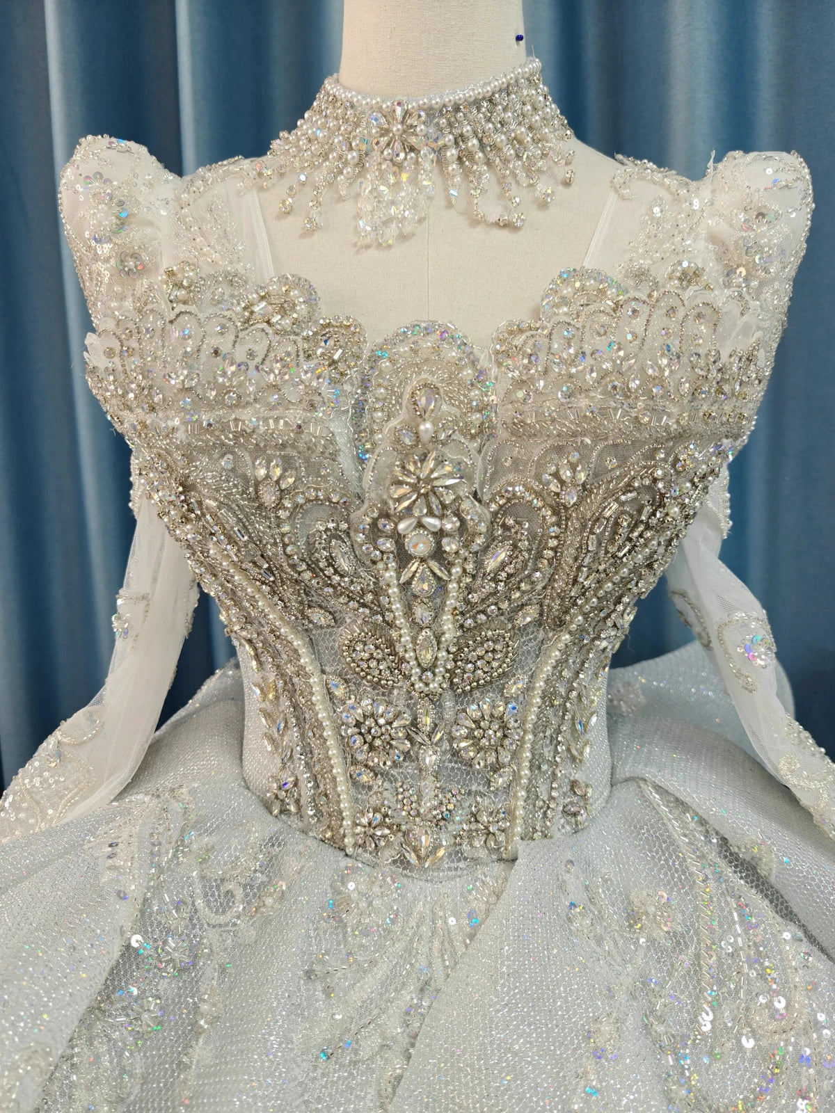 Gorgeous High-Neck Sequin Ball Gown Wedding Dress with Crystal Embroidery & Sheer Long Sleeves Ye-2021 by ZAPDRESS