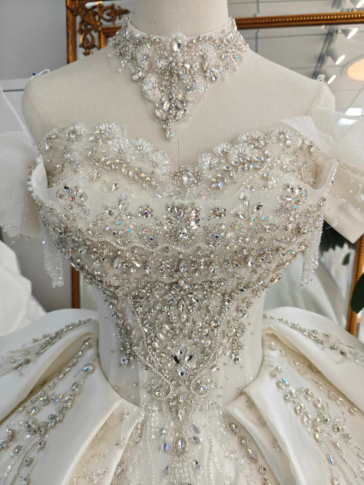 Champagne Glimmer Off-Shoulder Ballgown Crystal-Embroidered Skirt & Fringed Collar by ZAPDRESS