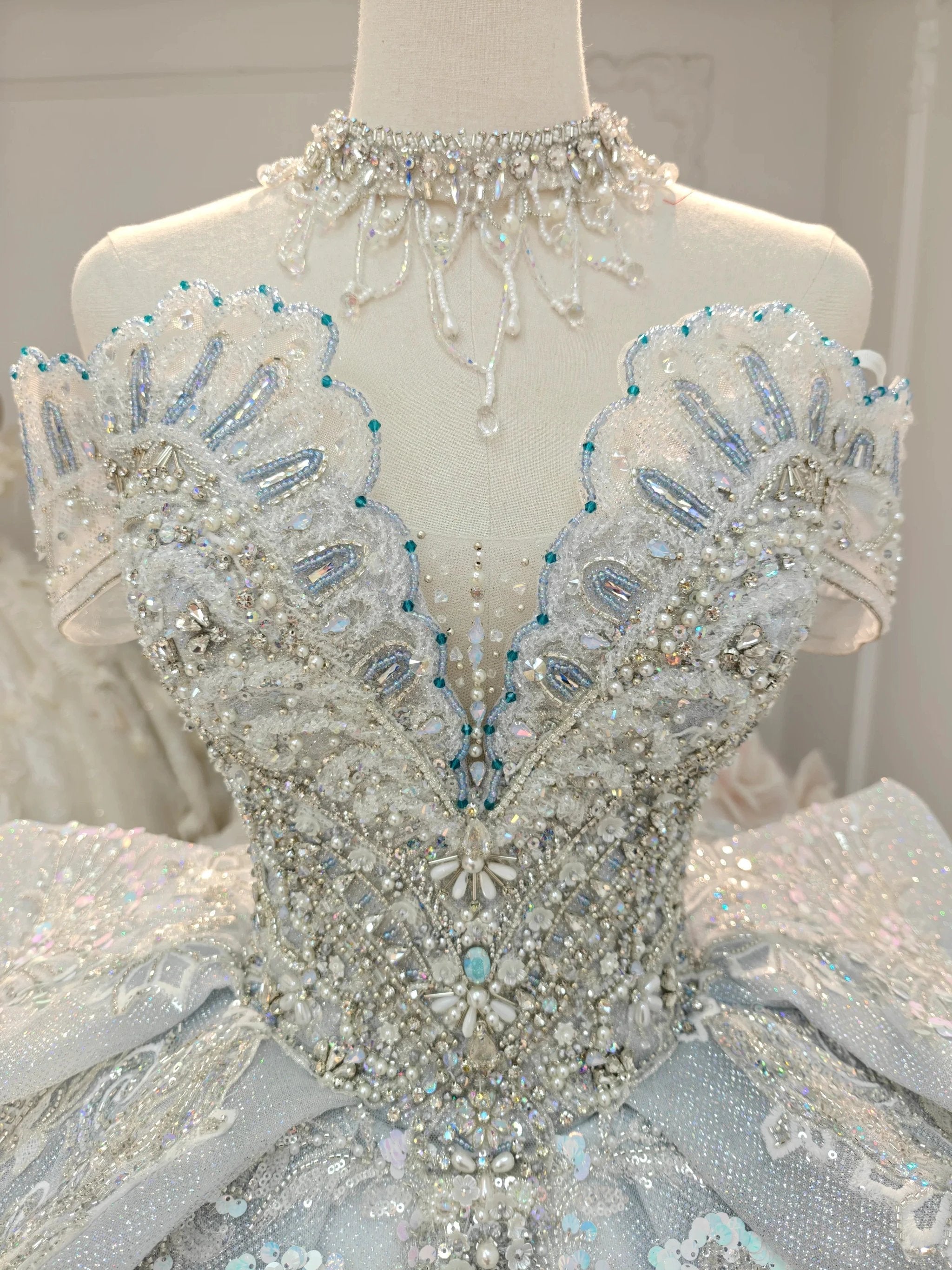 Gorgeous Silver Sequin Off-the-Shoulder Ball Gown Wedding Dress with Crystal Embroidery & Giant Bow Train Ye-2020 by ZAPDRESS