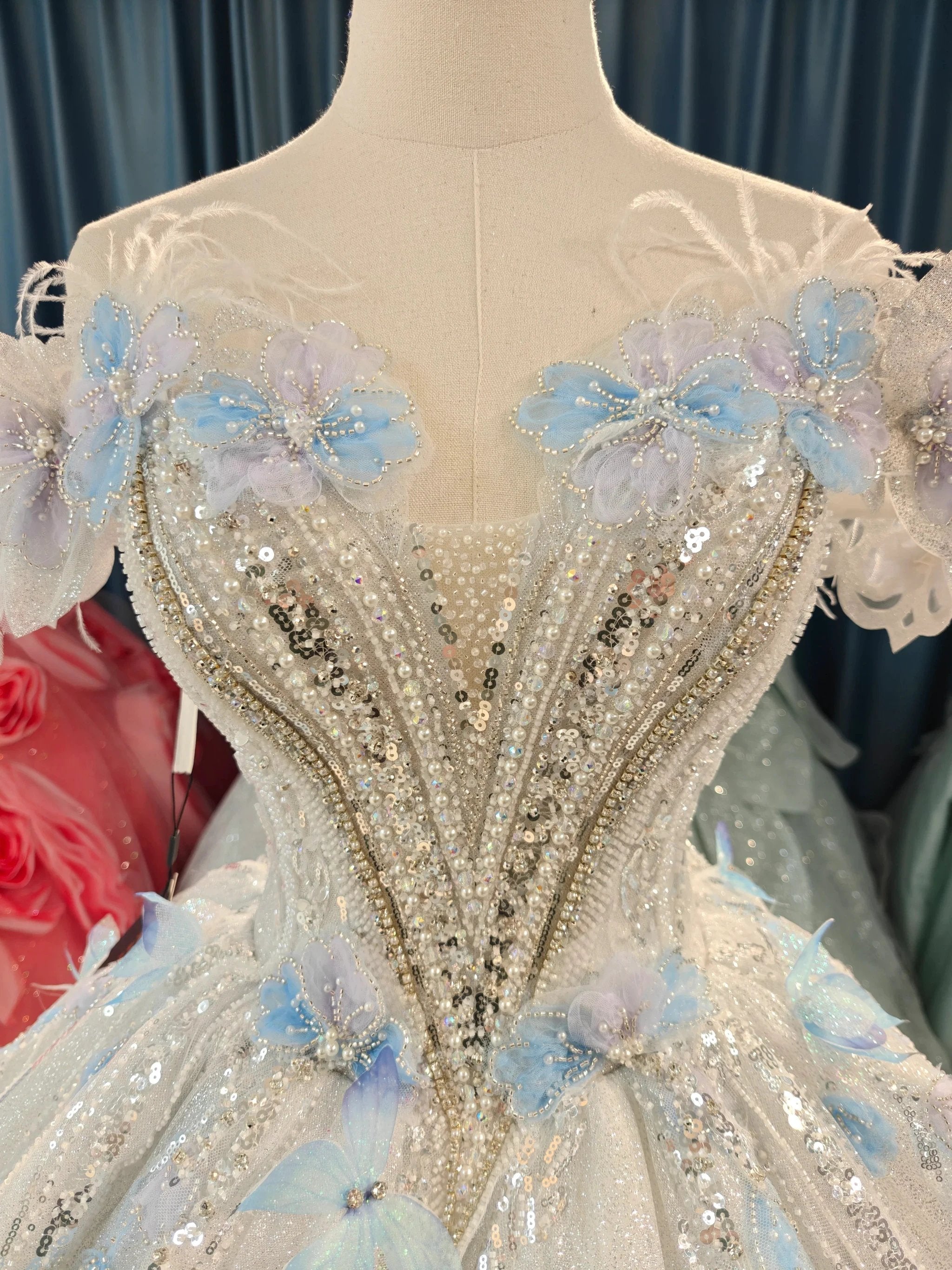 Ethereal Off-the-Shoulder Ball Gown Wedding Dress with Sequin Tulle, 3D Pastel Florals & Feather Accents Ye-2028 (ZD16809)