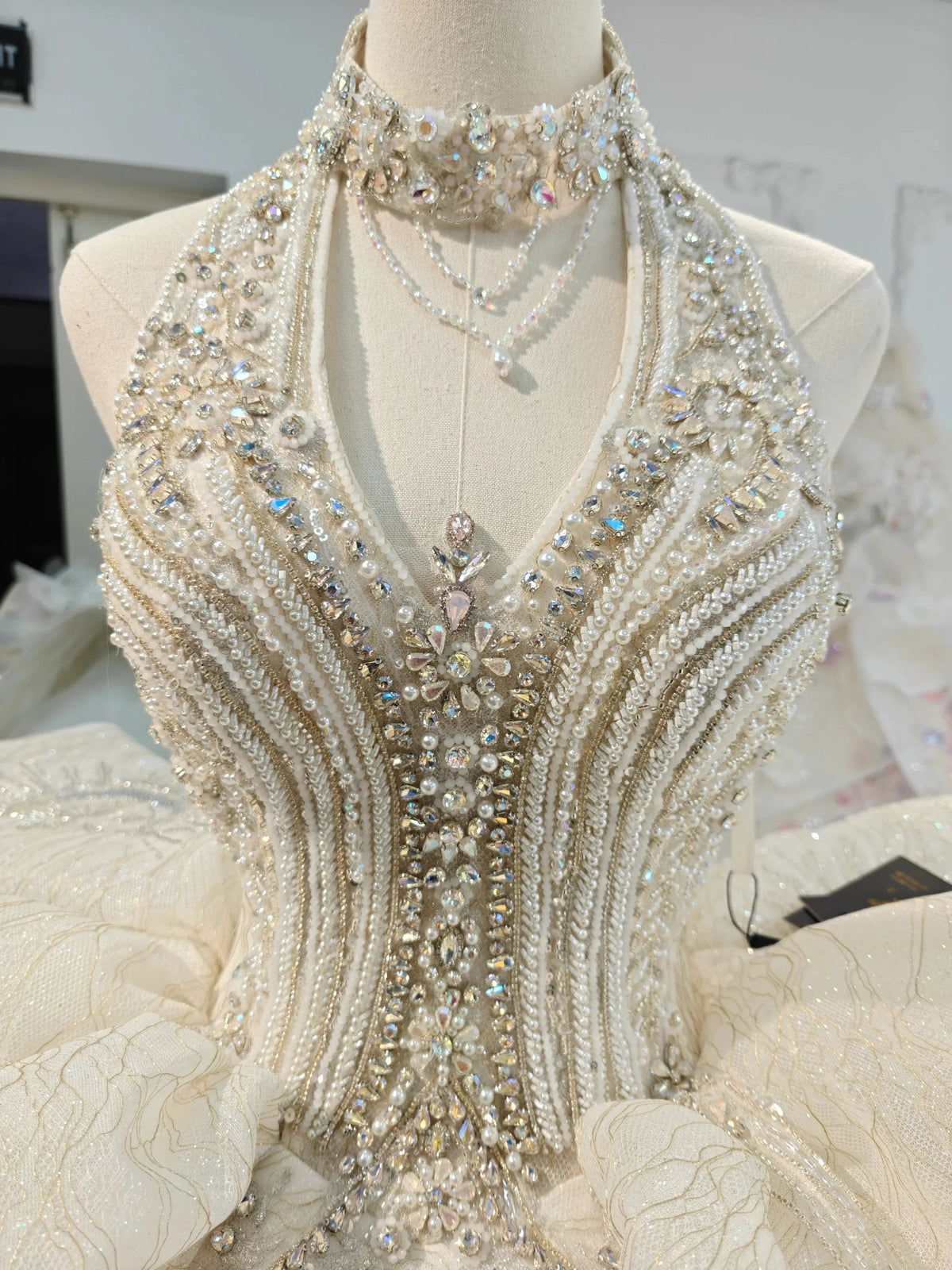 Lavish Halter-Neck Ball Gown Wedding Dress with Pearl Crystal Embroidery & Ruffled Tulle Skirt Ye-2034 by ZAPDRESS