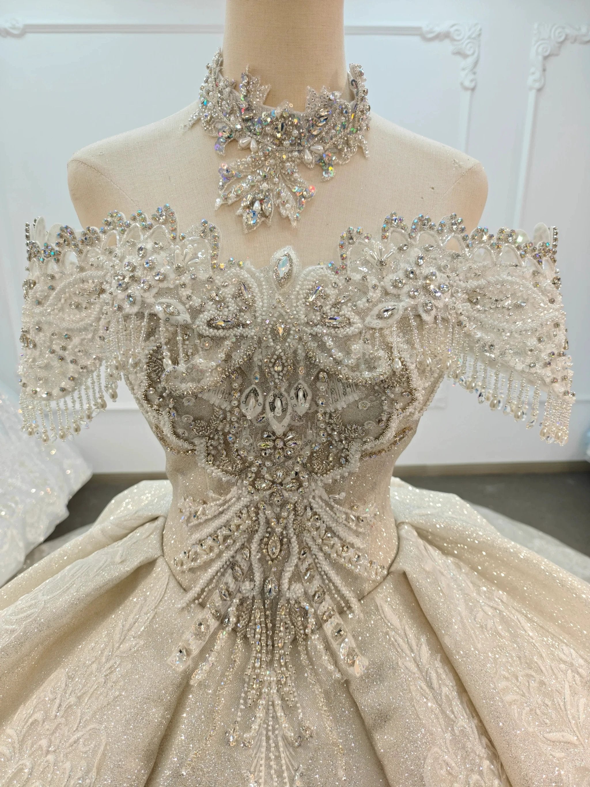 Champagne Glimmer Off-Shoulder Ballgown Crystal Fringe Bust & Embroidered Train (ZD16784)