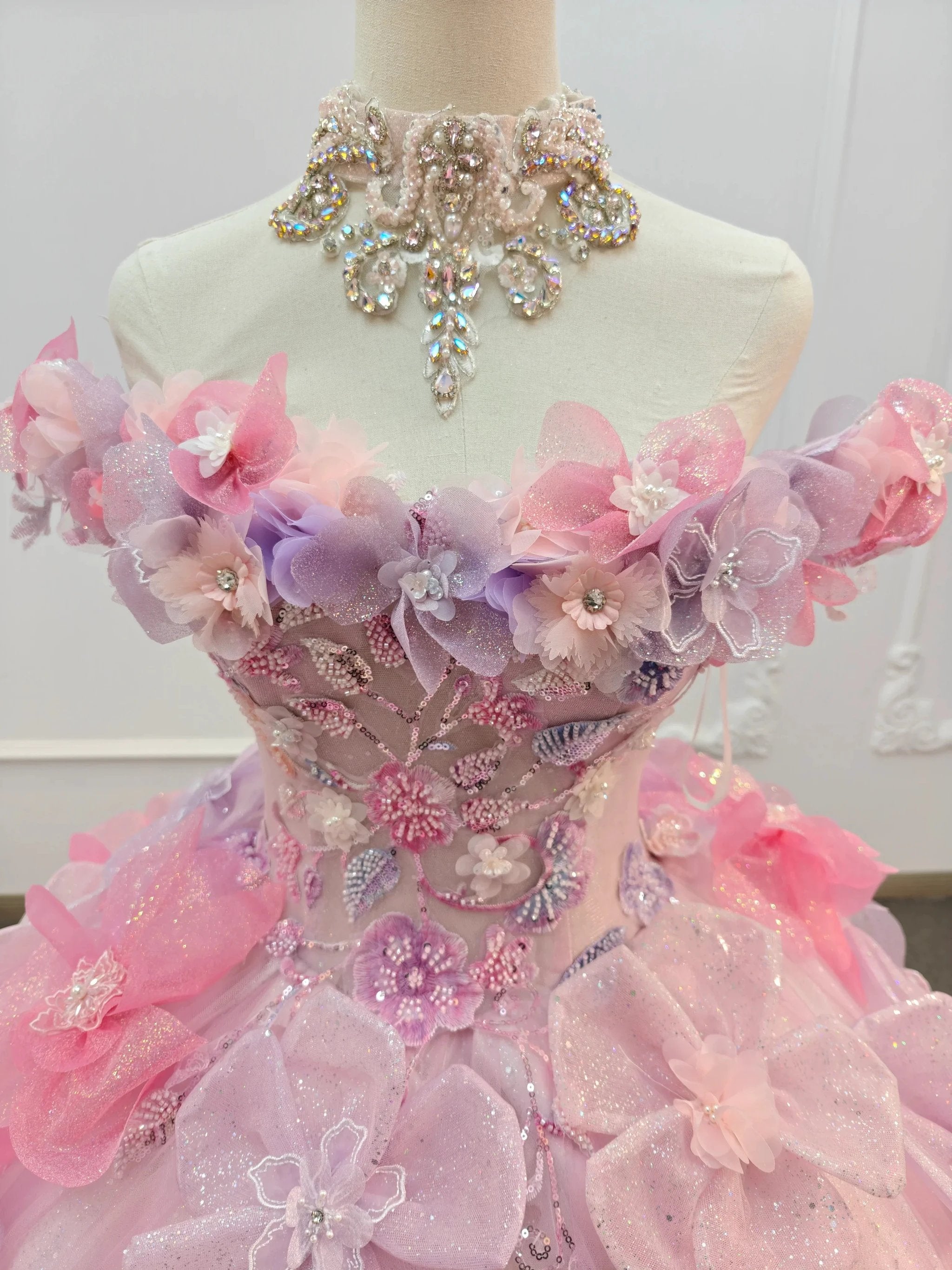 Enchanting Pastel Pink & Purple Off-the-Shoulder Ball Gown Wedding Dress with 3D Glitter Flowers & Crystal Collar Ye-2027 (ZD16808)