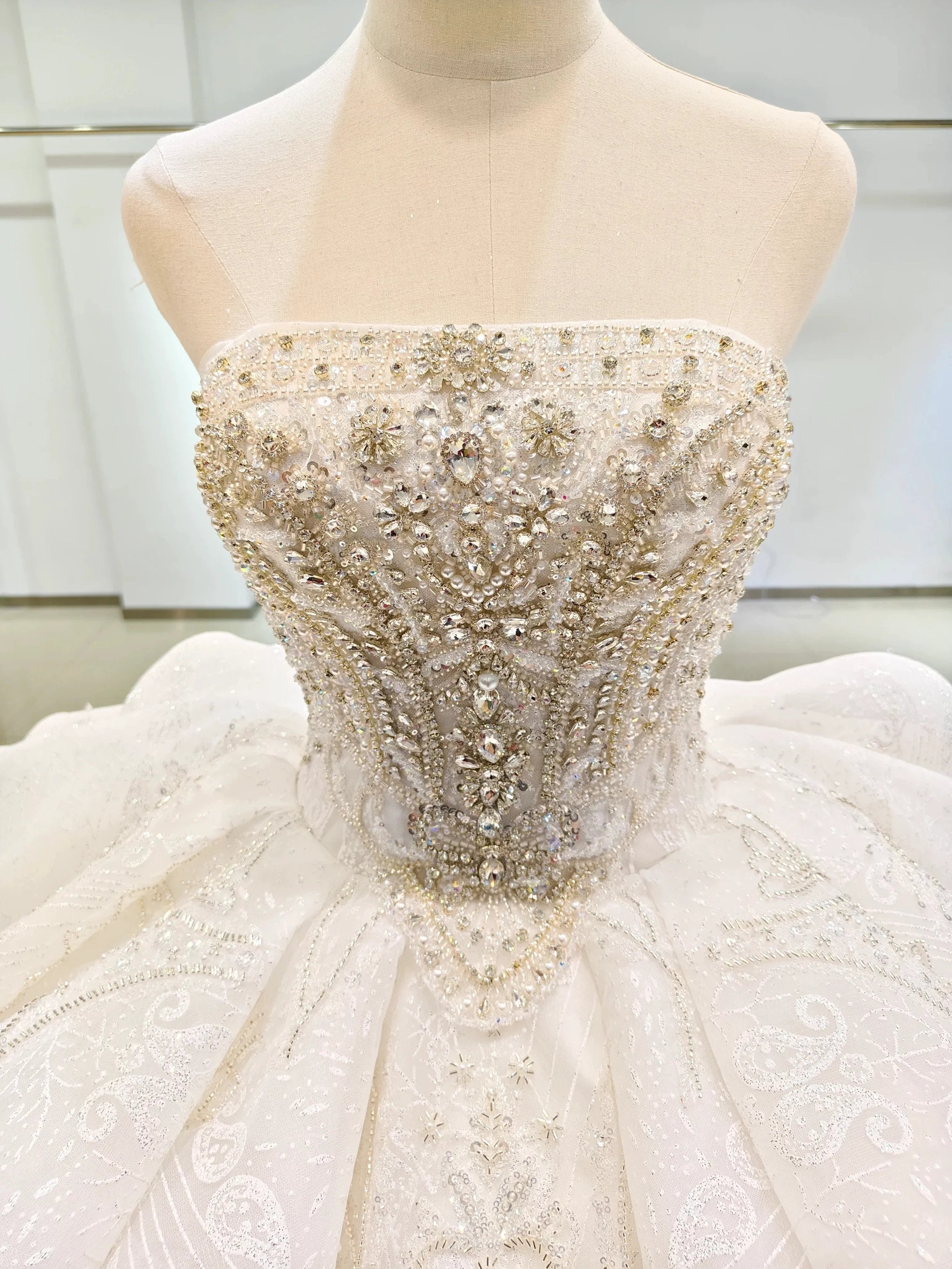 White Gleam Strapless Ballgown Beaded Bust & Ruffled Train (ZD16779)