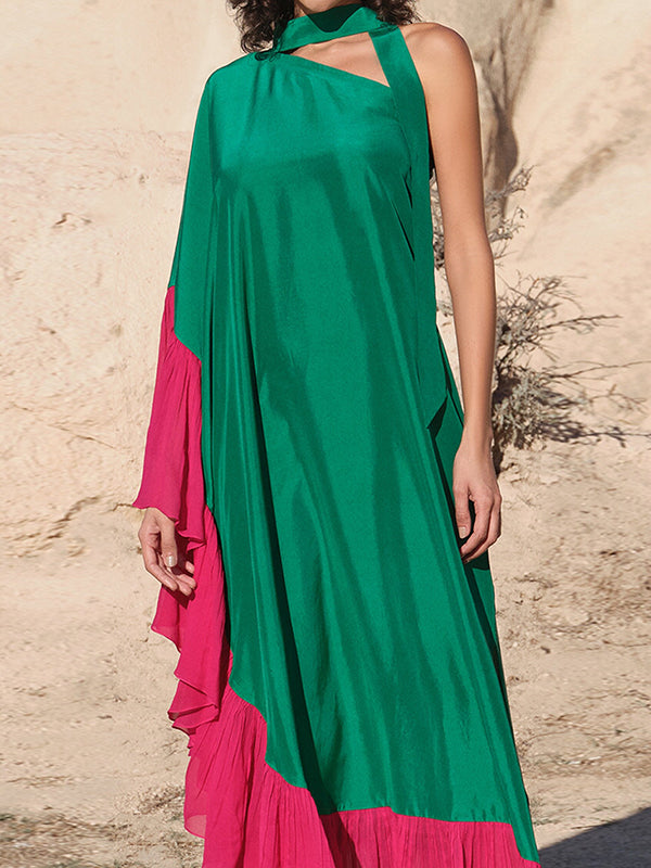 Loose Asymmetric Contrast Color Pleated Split-Joint Streamer One-Shoulder Evening Dresses Maxi Dresses - View 5 | VelvetHem