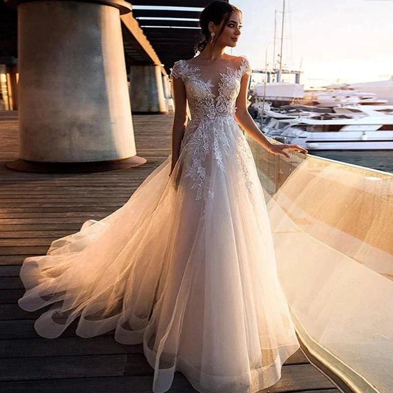 Boho Beach Wedding Dress O-Neck Appliques Lace Top Vintage Princess Wedding Gown Cap Sleeve Simple Bride Dress 2020 (ZD14105)