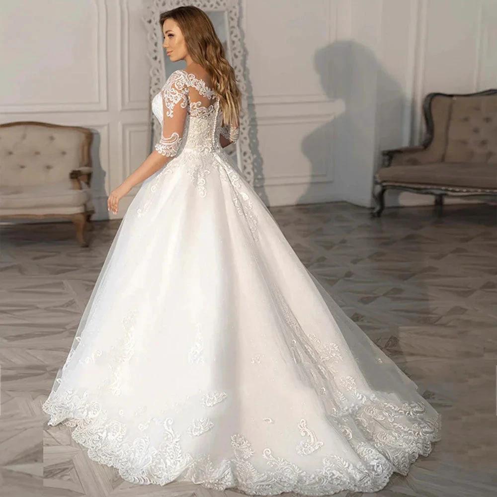 Simple A-Line Wedding Dresses Plus Size Women V-Neck Bride Gowns Half Sleeves Applique Vestido De Noiva Custom Made (ZD13543)