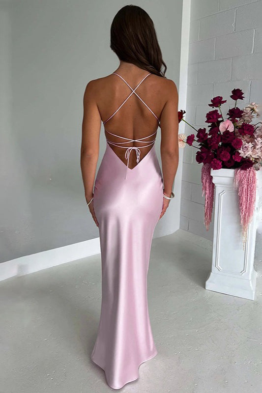 Backless Lace-Up Silk Dress - View 6 | VelvetHem