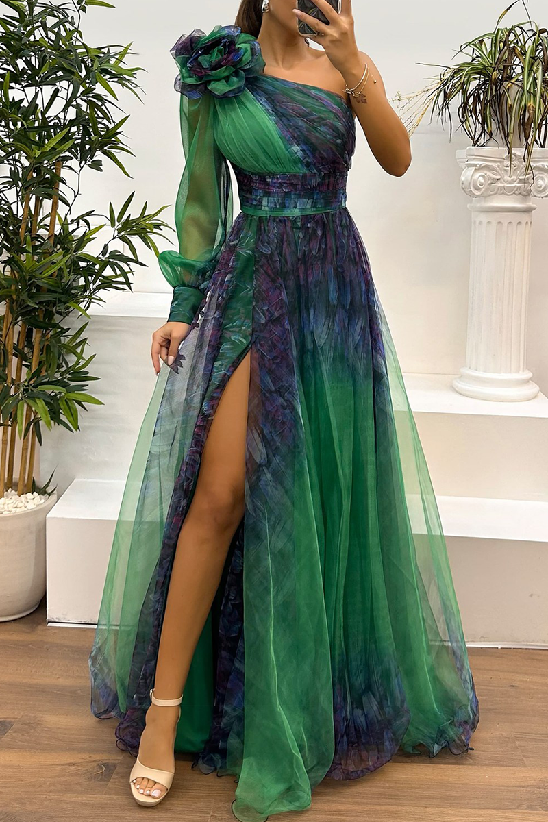 Sexy Prom Floral Print Slit Mesh Flower Shape Sloping Shoulder Evening Dresses(6 Colors) - View 10 | VelvetHem