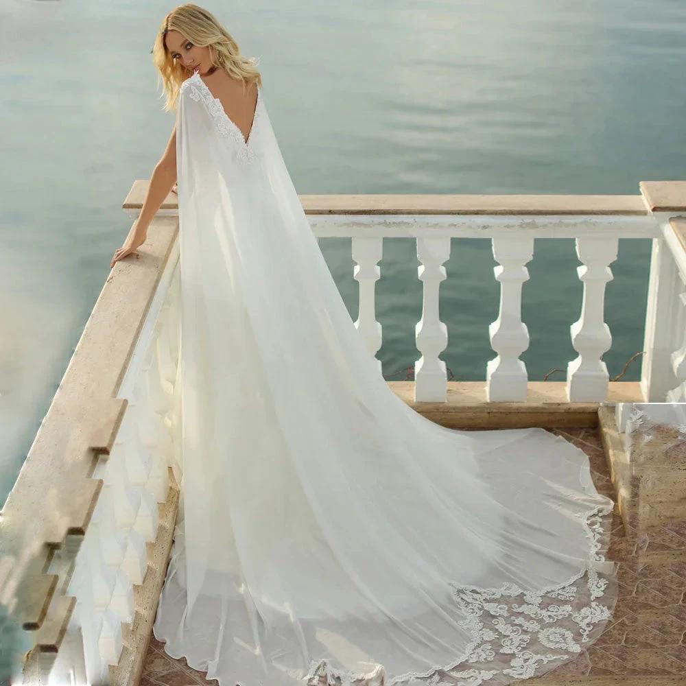 Spaghetti Straps Wedding Dress Elegant Lace Appliques Bridal Gown V Neck Backless Chiffon Robe Custom Made (ZD13477)