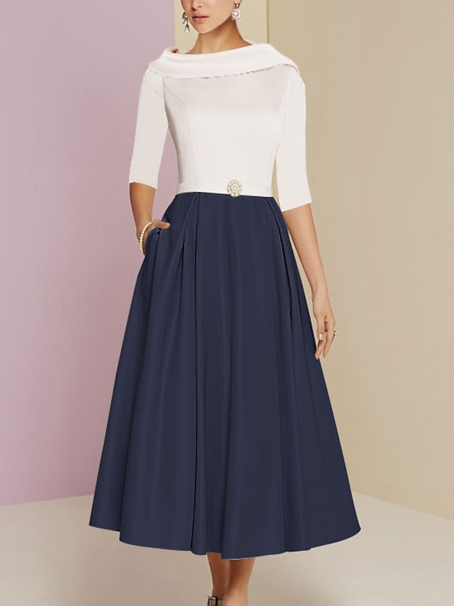 A-Line/Princess Jewel Neck Half Sleeve Tea-Length Mother of the Bride Dresses with Pockets Pleats - View 7 | FashionDia