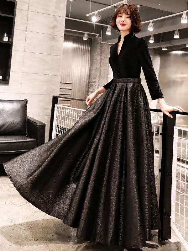 Eleagnt Black Evening Dresses Long V-Neck Velvet Satin Patchwork Maxi Dresses