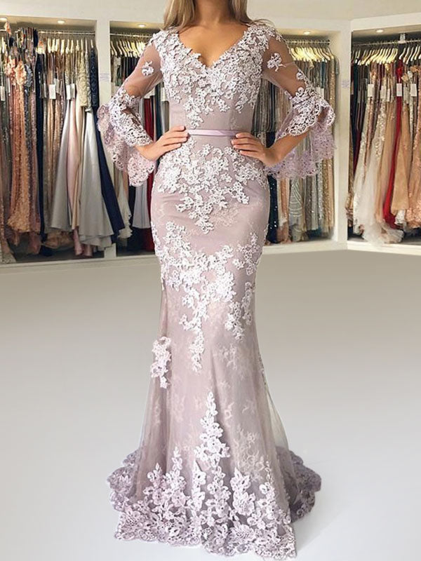 Eleagnt Evening Dress Mermaid V-Neck Long Sleeves Zipper Lace Satin Fabric Formal Party Dresses With Train