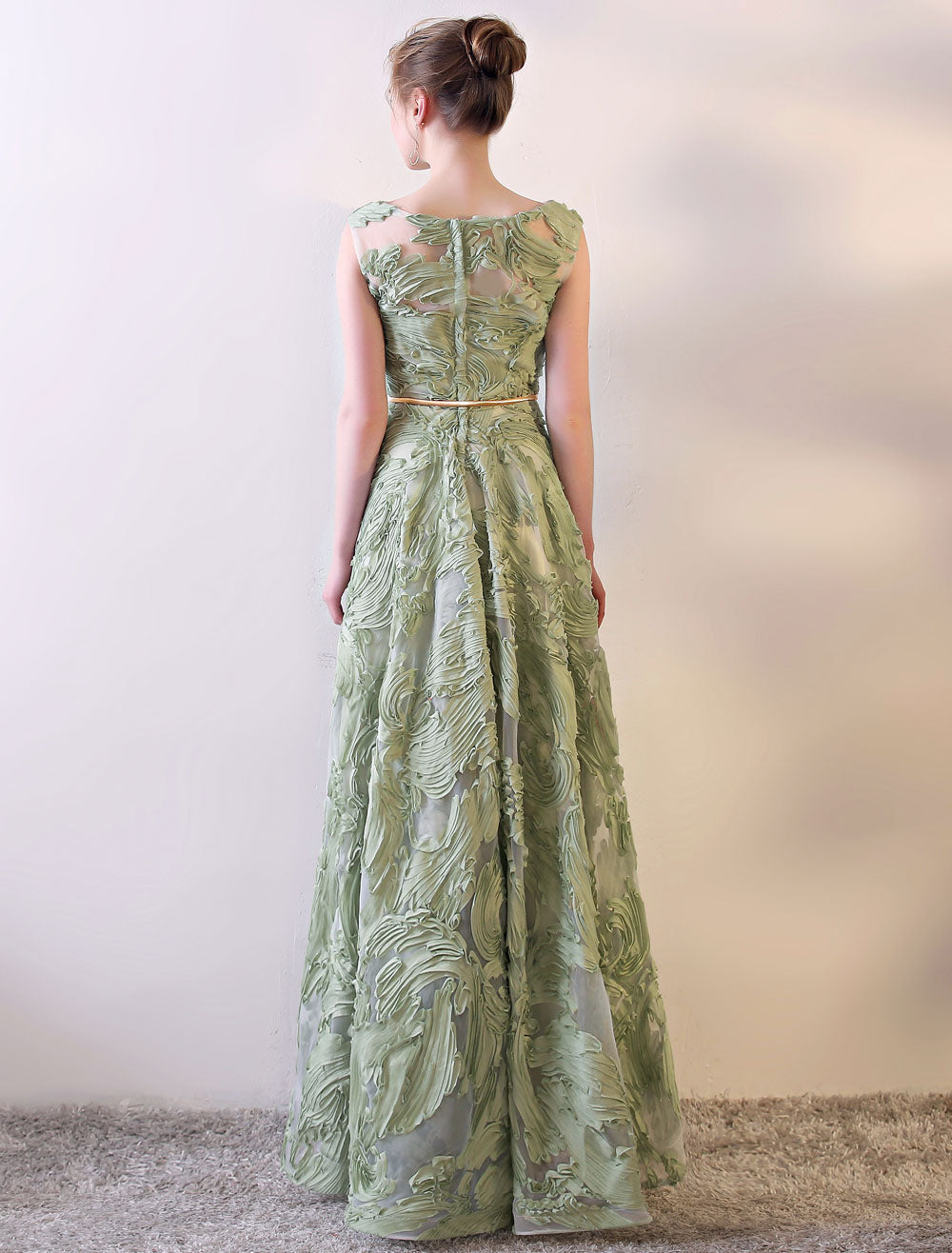Eleagnt Evening Dresses Long Dusty Sage Embossment Fabric Texture Sleeveless A-Line Floor-Length With Sash Wedding Guest Dress
