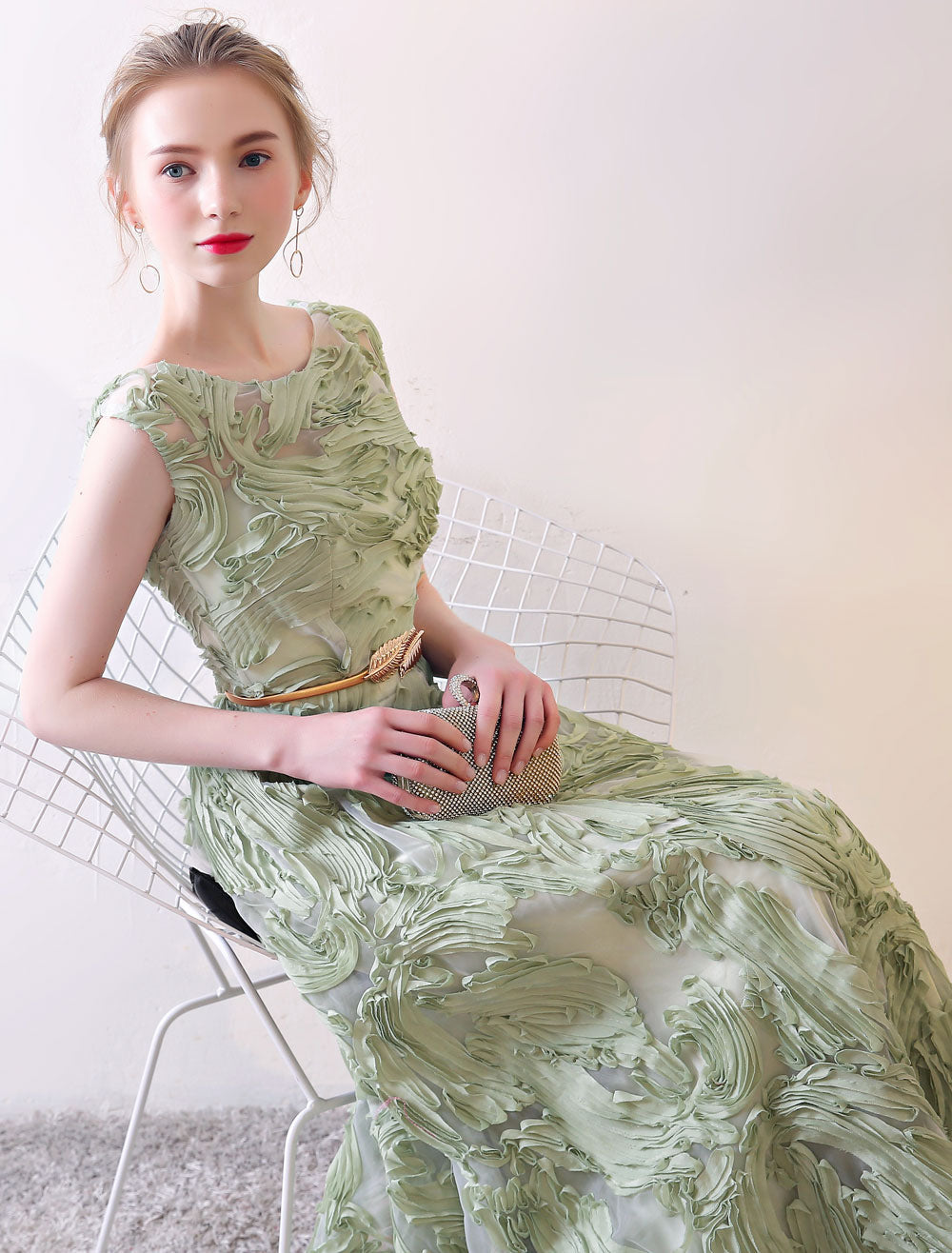 Eleagnt Evening Dresses Long Dusty Sage Embossment Fabric Texture Sleeveless A-Line Floor-Length With Sash Wedding Guest Dress