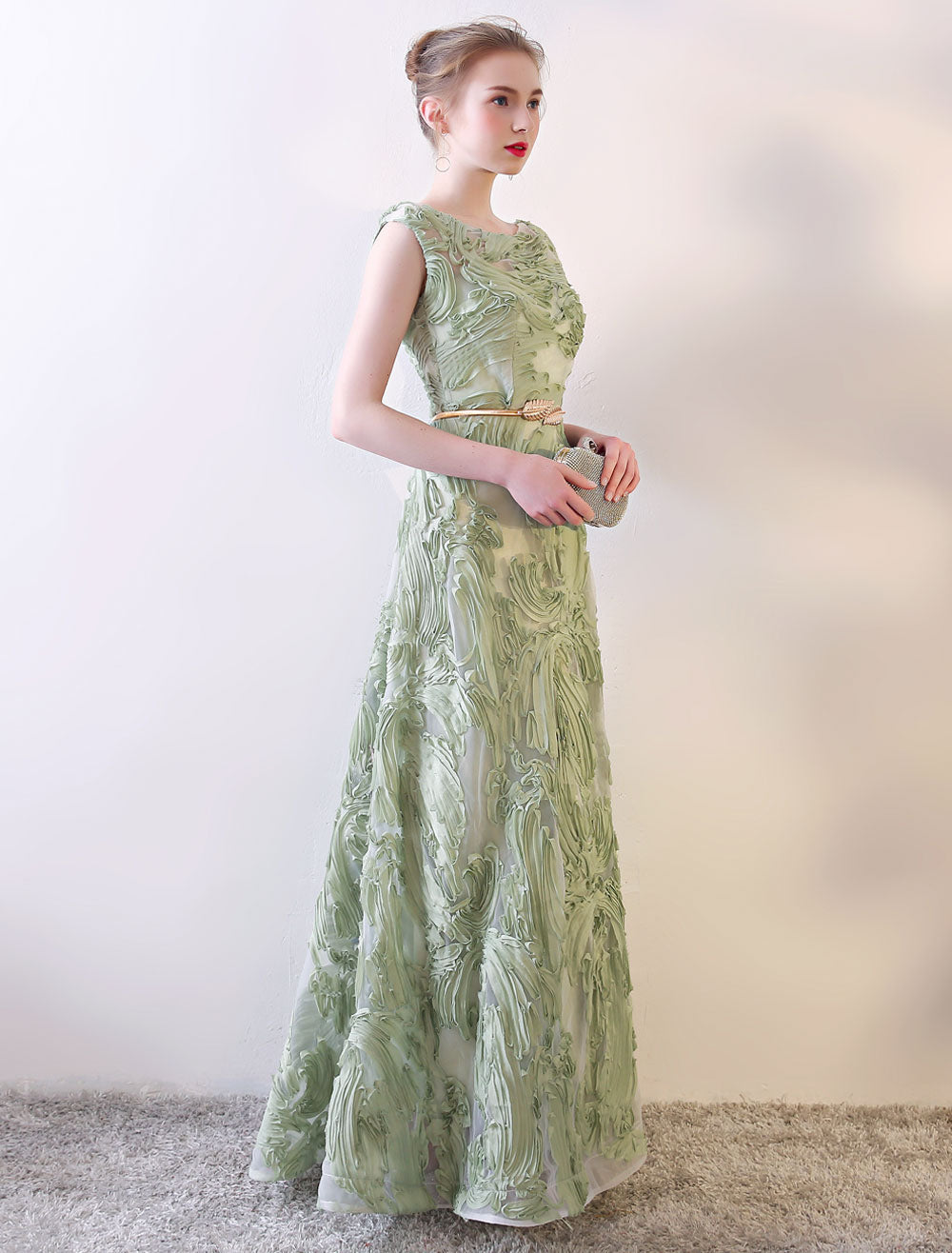 Eleagnt Evening Dresses Long Dusty Sage Embossment Fabric Texture Sleeveless A-Line Floor-Length With Sash Wedding Guest Dress