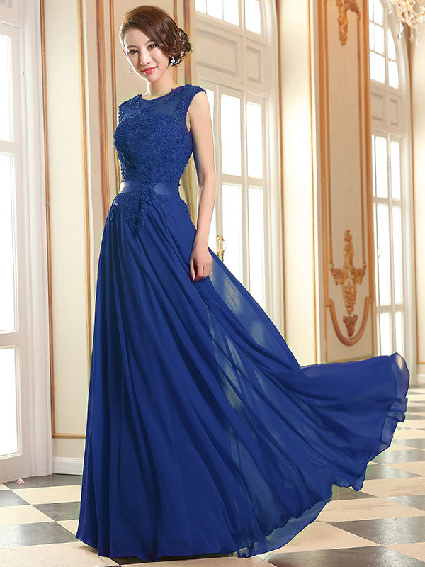 Eleagnt Evening Dresses Soft Pink Lace Applique Evening Dresses Chiffon Sleeveless Sash Floor-Length Formal Gowns