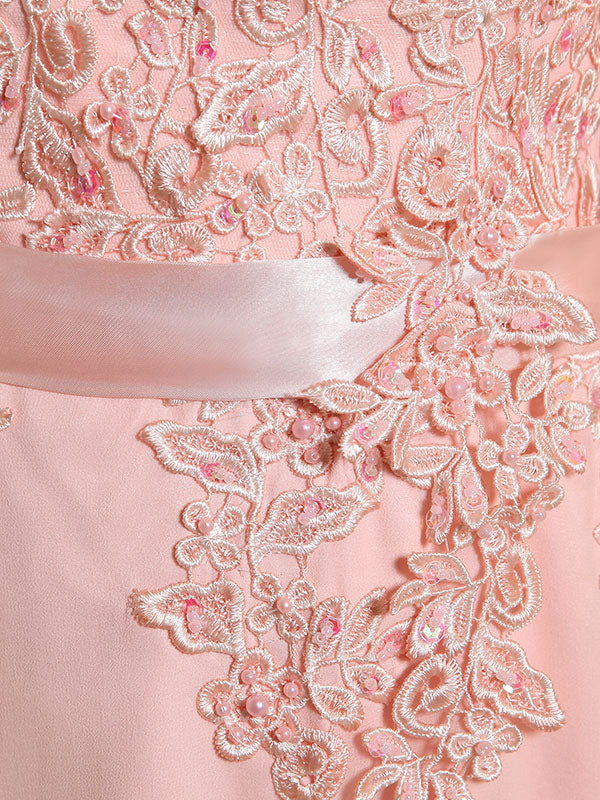 Eleagnt Evening Dresses Soft Pink Lace Applique Evening Dresses Chiffon Sleeveless Sash Floor-Length Formal Gowns