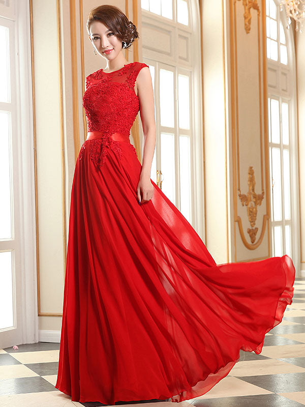 Eleagnt Evening Dresses Soft Pink Lace Applique Evening Dresses Chiffon Sleeveless Sash Floor-Length Formal Gowns