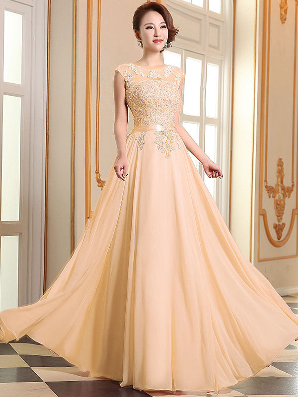 Eleagnt Evening Dresses Soft Pink Lace Applique Evening Dresses Chiffon Sleeveless Sash Floor-Length Formal Gowns