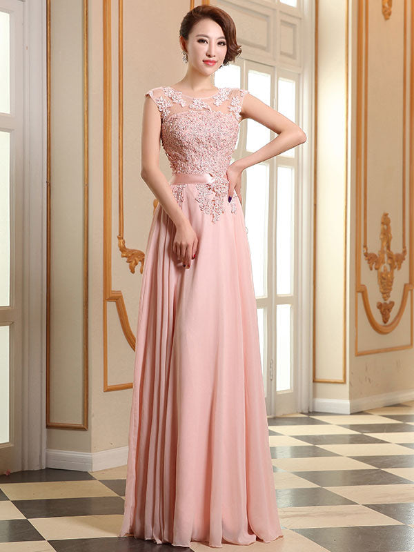 Eleagnt Evening Dresses Soft Pink Lace Applique Evening Dresses Chiffon Sleeveless Sash Floor-Length Formal Gowns