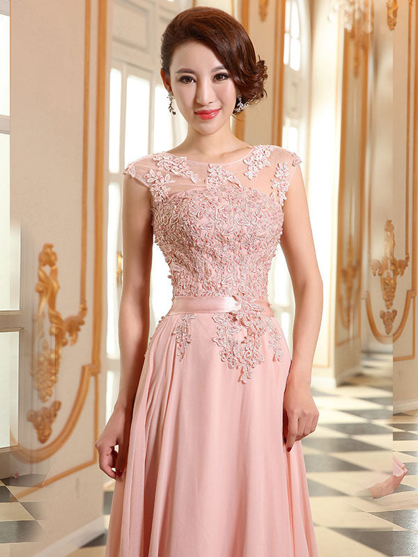 Eleagnt Evening Dresses Soft Pink Lace Applique Evening Dresses Chiffon Sleeveless Sash Floor-Length Formal Gowns