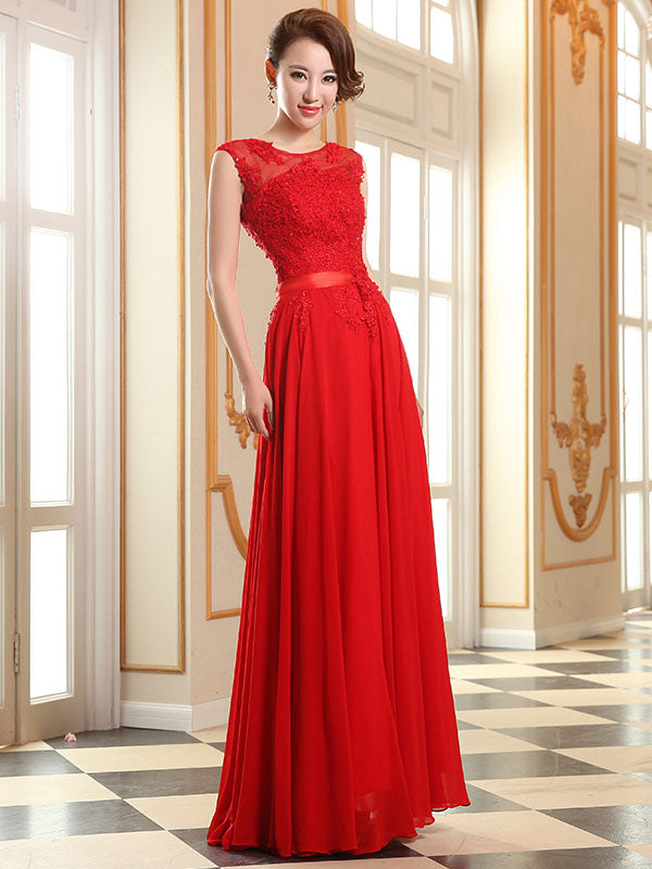 Eleagnt Evening Dresses Soft Pink Lace Applique Evening Dresses Chiffon Sleeveless Sash Floor-Length Formal Gowns