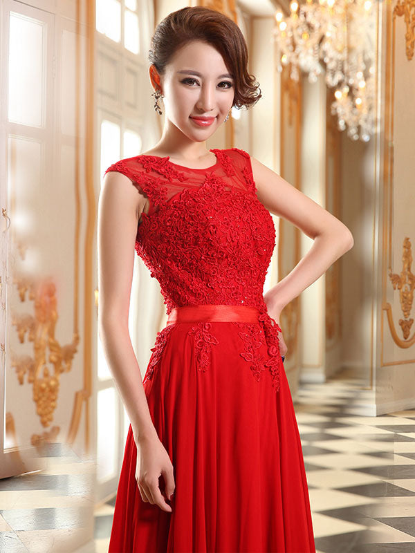 Eleagnt Evening Dresses Soft Pink Lace Applique Evening Dresses Chiffon Sleeveless Sash Floor-Length Formal Gowns