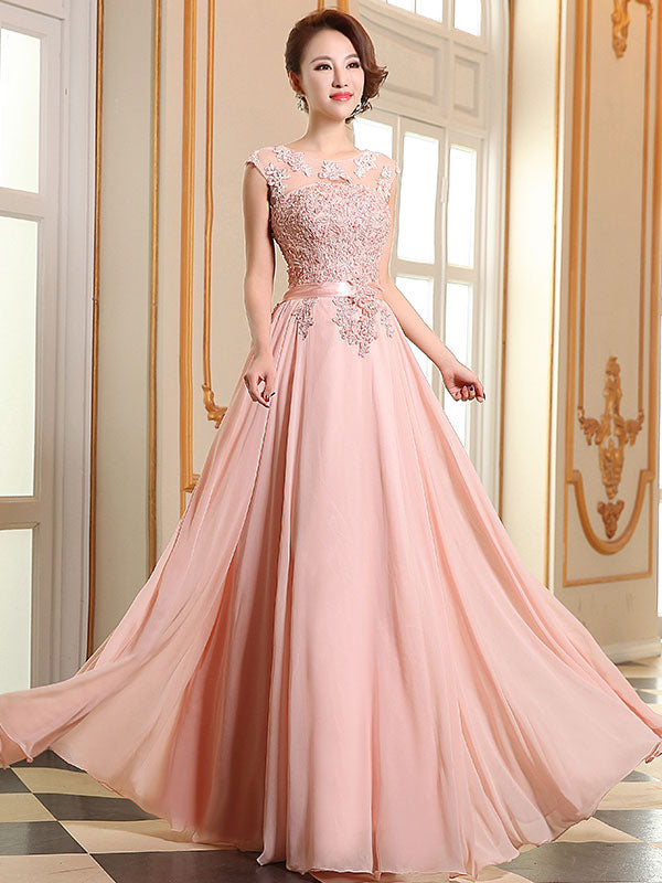 Eleagnt Evening Dresses Soft Pink Lace Applique Evening Dresses Chiffon Sleeveless Sash Floor-Length Formal Gowns