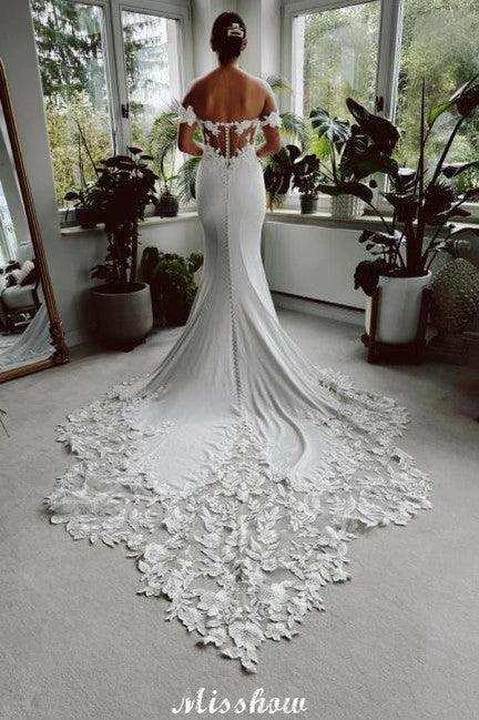 Eleagnt Long White Mermaid Off-the-shoulder Lace Wedding Dress with Train (ZD15575)